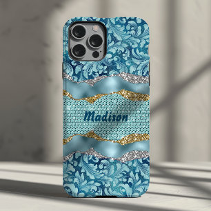 Chic floral glittery gold Turquoise teal monogram iPhone 13 Case