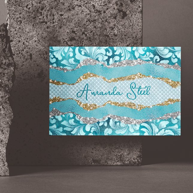 Chic floral glittery gold Turquoise teal monogram  Magnetic Business Card (Creator Uploaded)