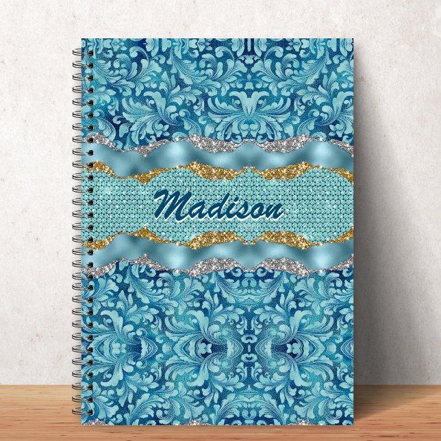 Chic floral glittery gold Turquoise teal monogram Notebook (Creator Uploaded)