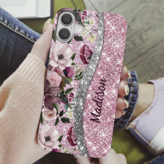Chic floral glittery Purple pink silver monogram  Case-Mate iPhone Case (Creator Uploaded)