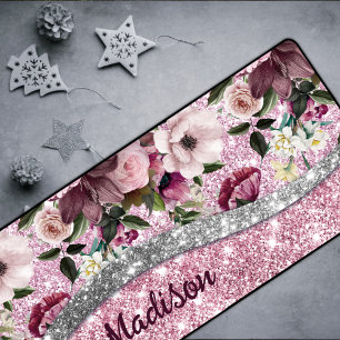 Chic floral glittery Purple pink silver monogram Desk Mat