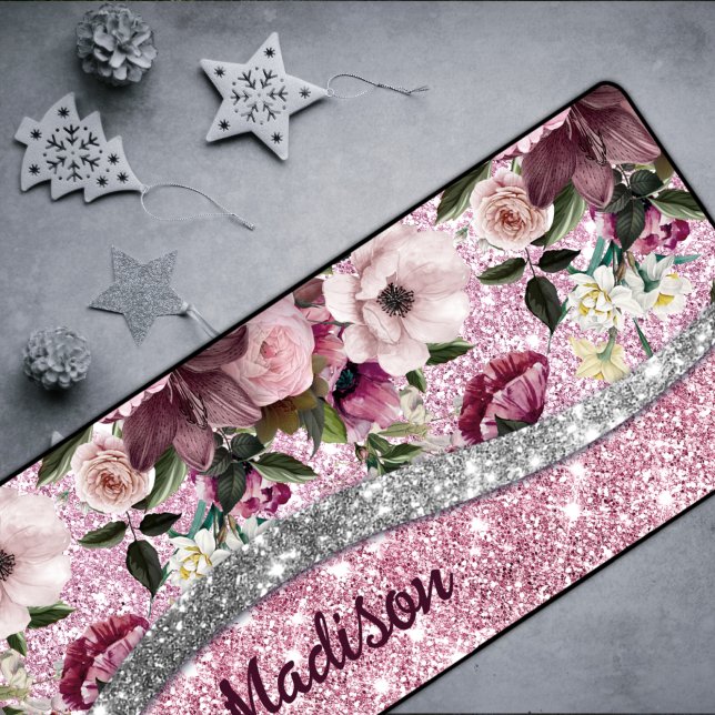 Chic floral glittery Purple pink silver monogram  Desk Mat (Creator Uploaded)