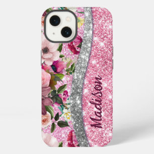 Chic floral glittery Purple pink silver monogram iPhone 13 Case