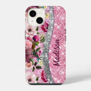 Chic floral glittery Purple pink silver monogram iPhone 14 Case