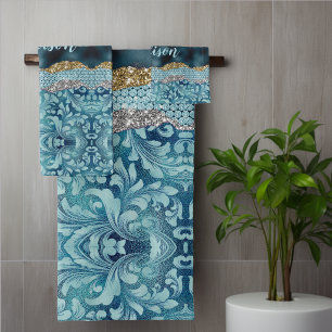 Chic floral glittery Teal Turquoise gold monogram Bath Towel Set