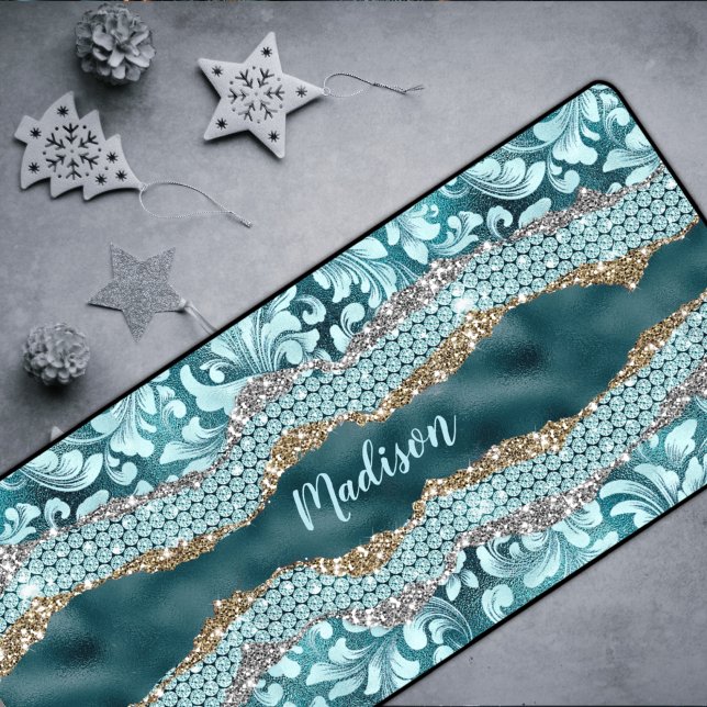 Chic floral glittery Teal Turquoise gold monogram Desk Mat (Creator Uploaded)