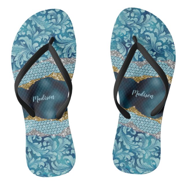 Chic floral glittery Teal Turquoise gold monogram  Thongs (Footbed)
