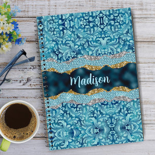 Chic floral glittery Teal Turquoise monogram large Notebook