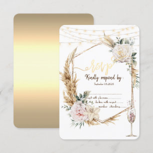 Chic Floral Gold Frame Champagne Glass RSVP Invitation