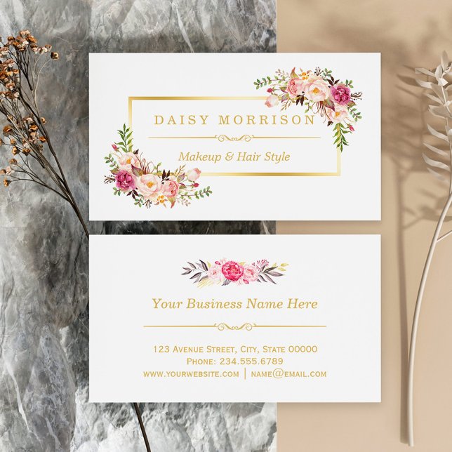 Chic Floral Gold Frame Makeup Artist Beauty Salon Business Card (Creator Uploaded)