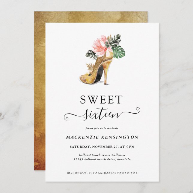 Chic Floral Gold Heels Sweet 16 Birthday Invitation (Front/Back)