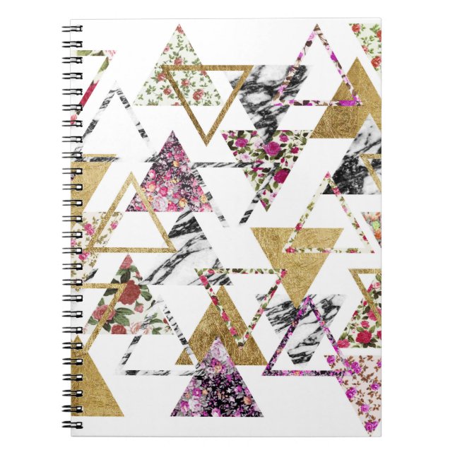Chic Floral Gold Marble Geometric Triangles Notebook (Front)