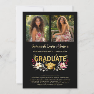 Chic Floral Graduation Photo Collage Gold Script Announcement