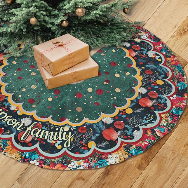 Chic Floral green red Christmas personalized Brushed Polyester Tree Skirt (Creator Uploaded)