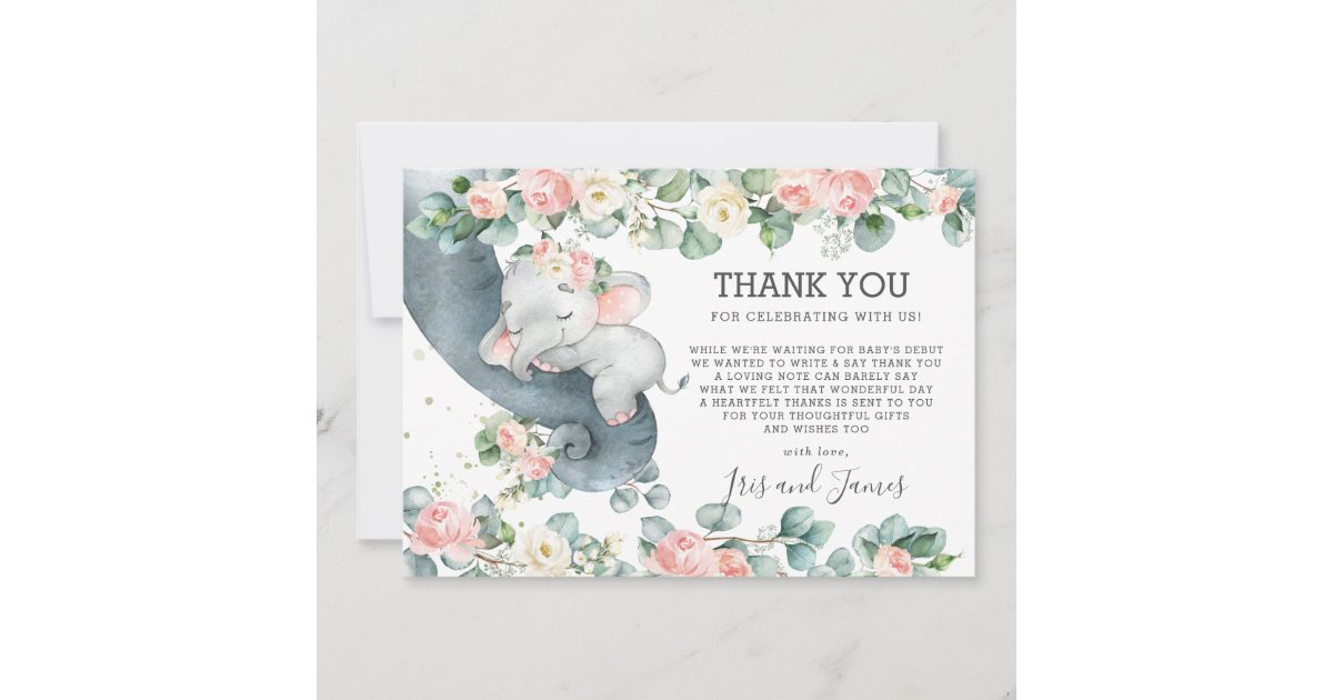 Chic Floral Greenery Elephant Baby Shower Girl Thank You Card | Zazzle