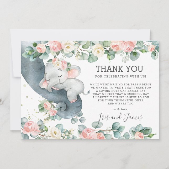 Chic Floral Greenery Elephant Baby Shower Girl Thank You Card (Front)