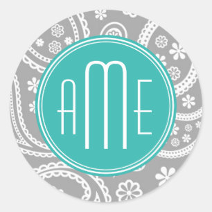 Chic Floral Grey Paisley Pattern & Blue Monogram Classic Round Sticker