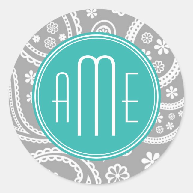 Chic Floral Grey Paisley Pattern & Blue Monogram Classic Round Sticker (Front)
