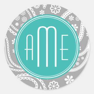 Chic Floral Grey Paisley Pattern & Blue Monogram Classic Round Sticker