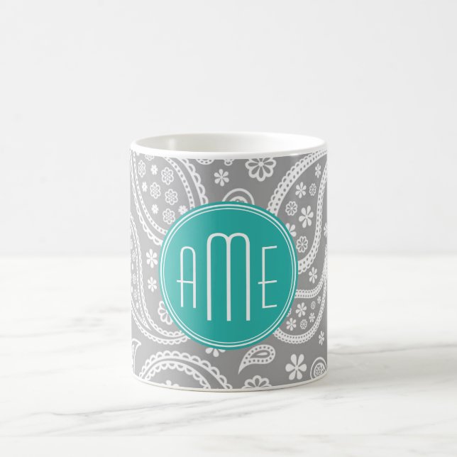 Chic Floral Grey Paisley Pattern & Blue Monogram Coffee Mug (Center)