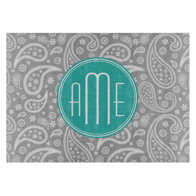 Chic Floral Grey Paisley Pattern & Blue Monogram Cutting Board (Front)