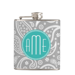 Chic Floral Grey Paisley Pattern & Blue Monogram Hip Flask