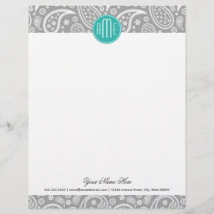 Chic Floral Grey Paisley Pattern & Blue Monogram Letterhead Template