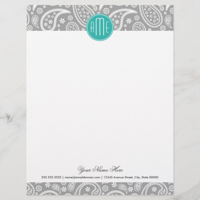 Chic Floral Grey Paisley Pattern & Blue Monogram Letterhead Template (Front)