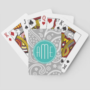 Chic Floral Grey Paisley Pattern & Blue Monogram Playing Cards