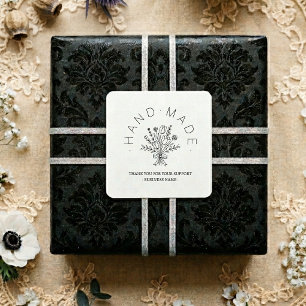 Chic Floral Handmade Business Black LineArt TMF26 Square Sticker