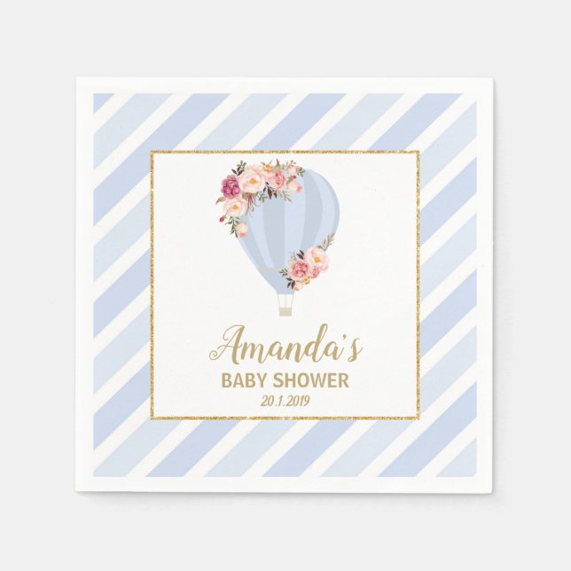 Chic Floral Hot Air Balloon Baby Boy Shower Blue Napkin (Front)