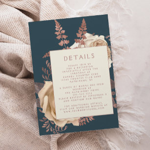 Chic Floral Ivory Rose Gold Teal Wedding Details Enclosure Card