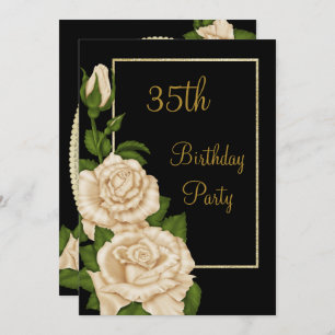 Chic Floral Ivory Roses 35th Birthday Invitation