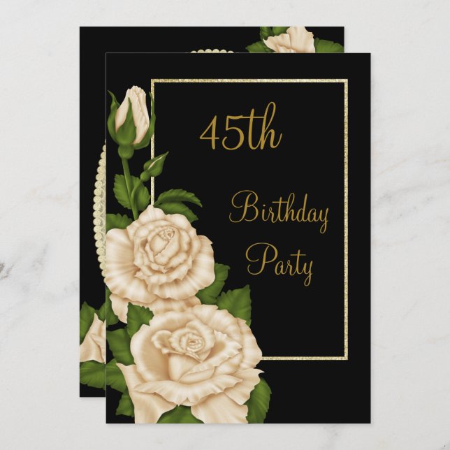 Chic Floral Ivory Roses 45th Birthday Invitation (Front/Back)