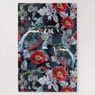 Chic Floral Kingfisher Birds Jigsaw Puzzle
