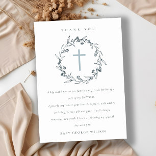 Chic Floral Laurel Wreath Dusky Blue Grey Baptism Thank You Card