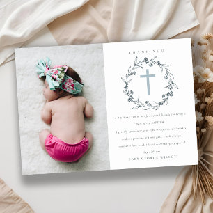 Chic Floral Laurel Wreath Dusky Blue Grey Baptism Thank You Card
