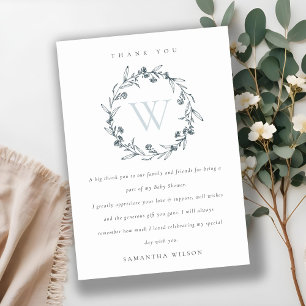 Chic Floral Laurel Wreath Monogram Baby Shower Thank You Card