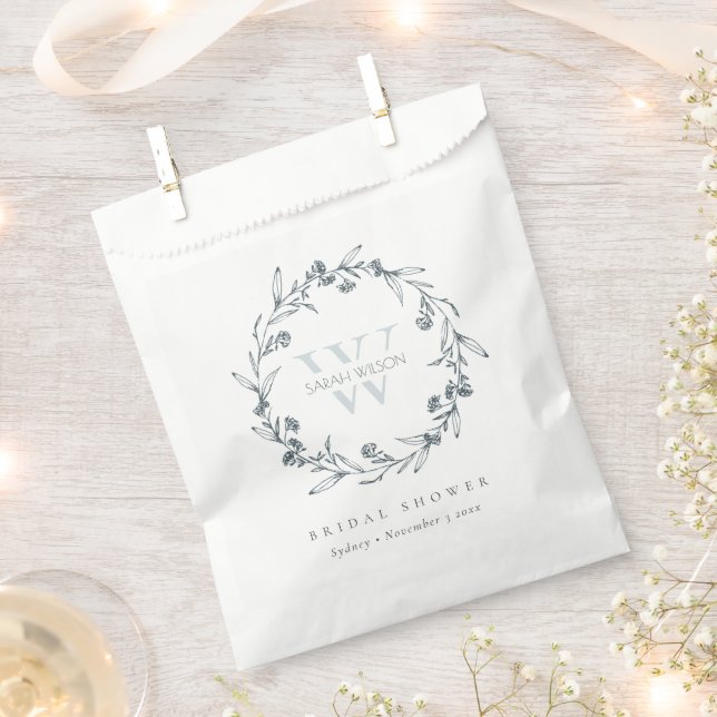 Chic Floral Laurel Wreath Monogram Bridal Shower Favour Bag (Clipped)