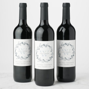 Chic Floral Laurel Wreath Monogram Bridal Shower Wine Label