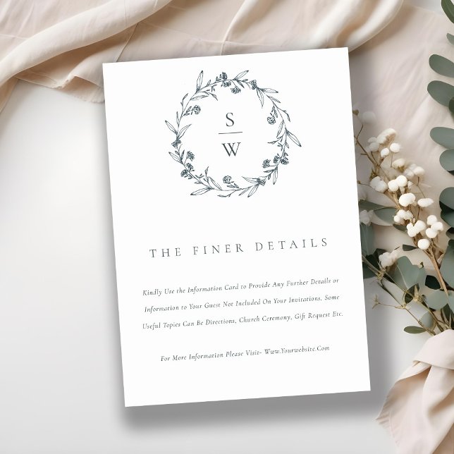 Chic Floral Laurel Wreath Monogram Wedding Details Enclosure Card (Creator Uploaded)