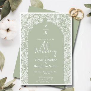 Chic Floral Line Boho Arch Monogram Sage Wedding Invitation