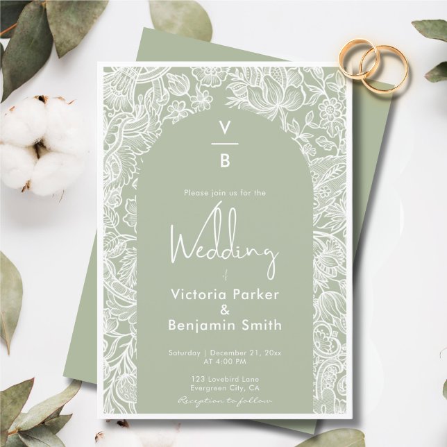 Chic Floral Line Boho Arch Monogram Sage Wedding Invitation (Chic Floral Line Boho Arch Monogram Sage Wedding Invitation)