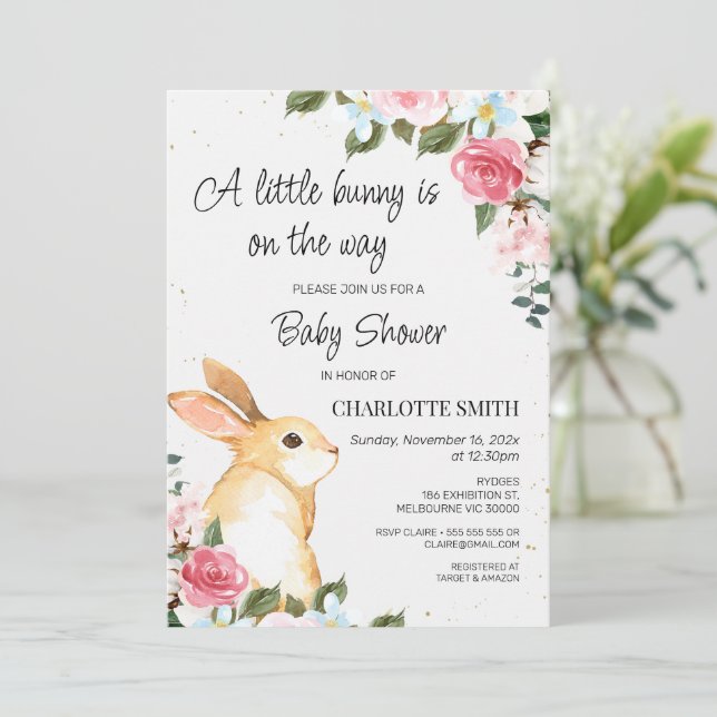 Chic Floral Little Bunny Baby Shower Invitation (Standing Front)