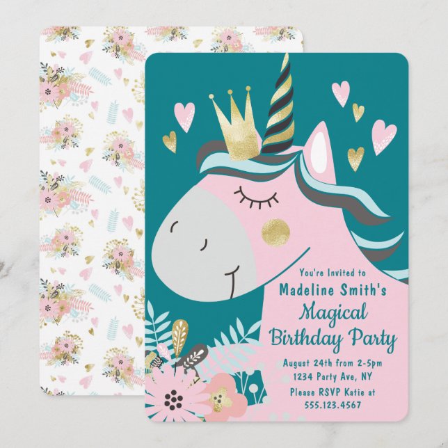 Chic Floral Magical Unicorn Girl's Birthday Party Invitation (Front/Back)