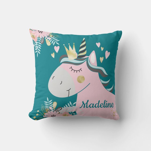 Chic Floral Magical Unicorn Girl's Personalised Cushion (Front)