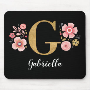 Chic Floral Monogram Initial Black Gold Letter G Mouse Pad