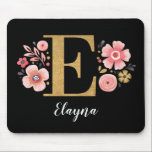 Chic Floral Monogram Initial Pink Gold Letter E Mouse Pad<br><div class="desc">A beautiful, feminine monogrammed pink floral mouse pad, featuring pink flowers and a faux gold monogram letter E on a black background. Personalise the mouse pad by adding your name underneath the monogram. Makes a fun gift for a friend or for a bridesmaid gift. Designed for you by Blackberry Boulevard....</div>