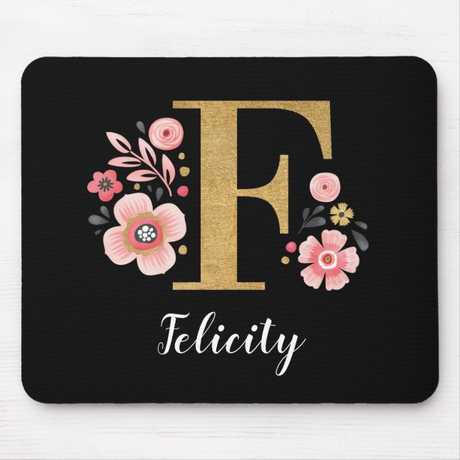 Chic Floral Monogram Initial Pink Gold Letter F Mouse Pad (Front)
