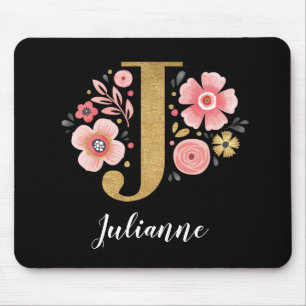 Chic Floral Monogram Initial Pink Gold Letter J Mouse Pad